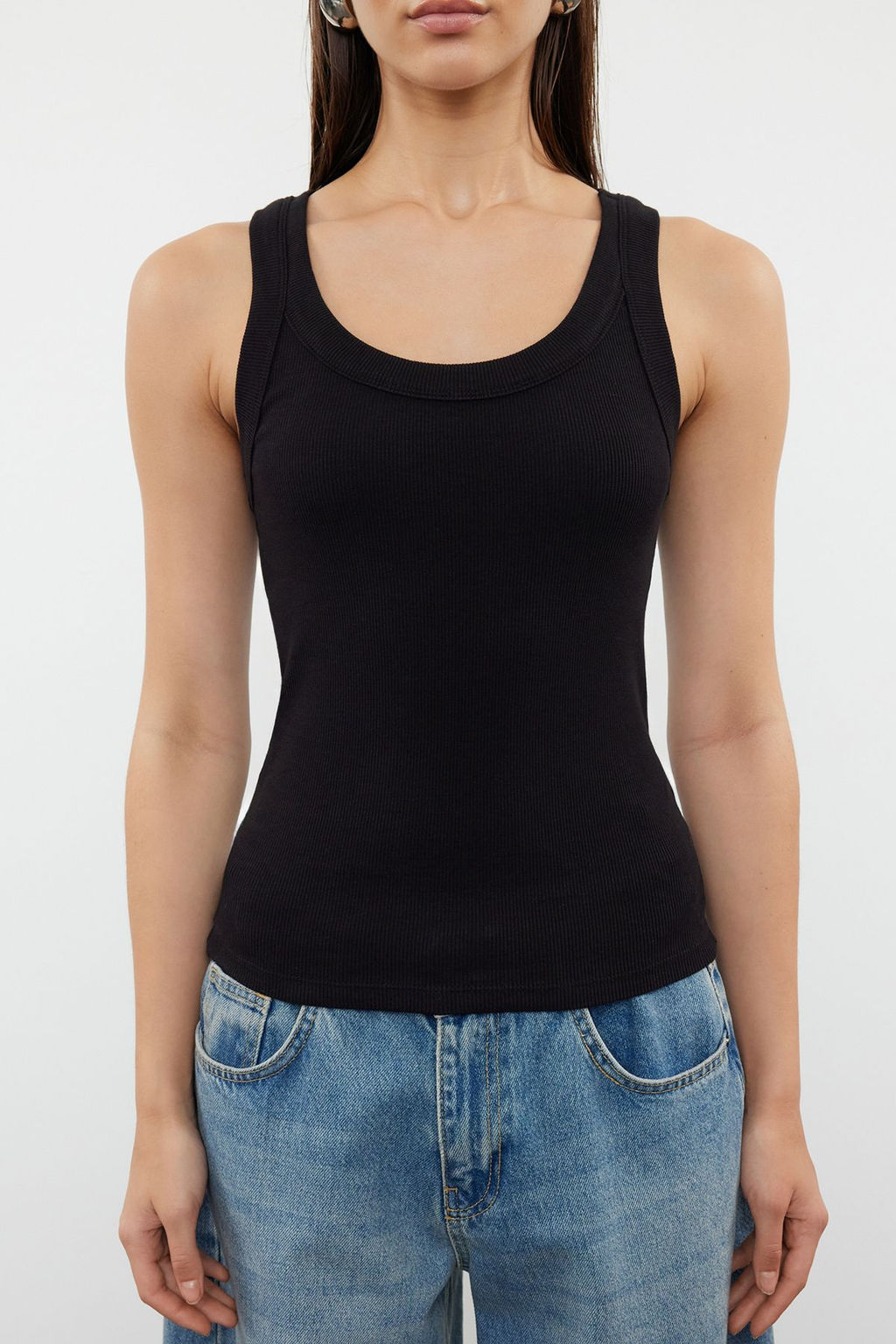 Siyah Havuz Yaka Regular Boy Fitilli Esnek Vucuda Oturan Orme Atlet TWOSS24AL00060