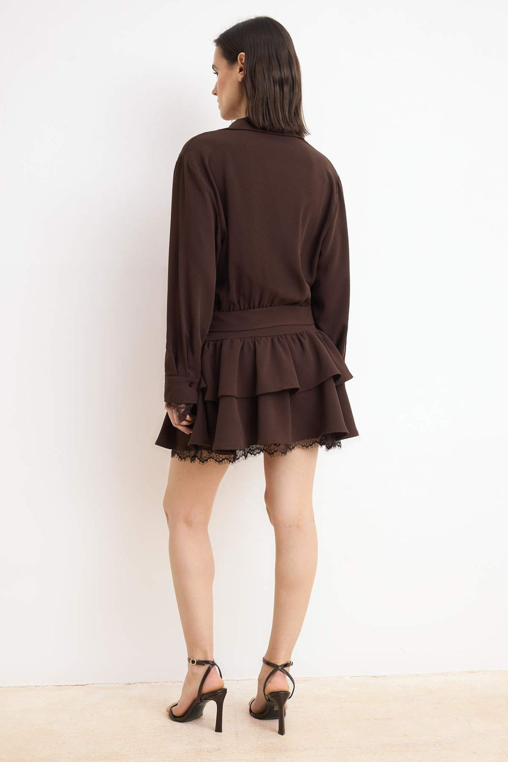 Kahverengi Kemerli Dantel Detayl? Dokuma Gomlek Yaka Elbise TWOSS26EL00613 - Trendyolmilla фото 4