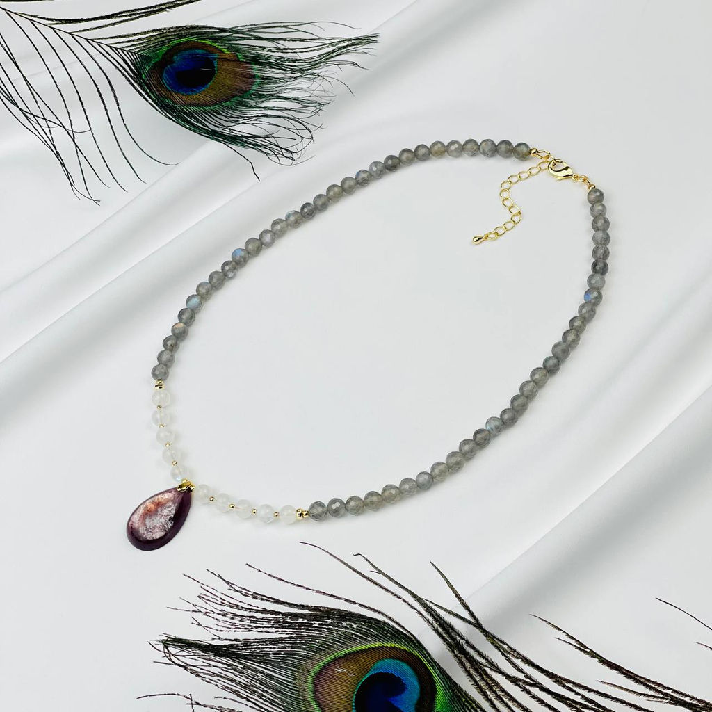 Колье из Лабрадора и Лунного камня с кулоном из Лепидолита 45 см +