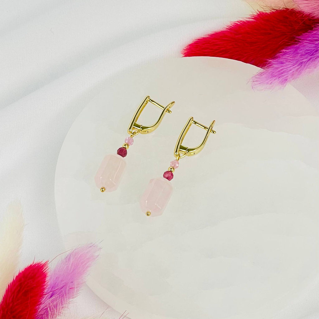 Серьги из Розового кварца, Граната и Турмалина