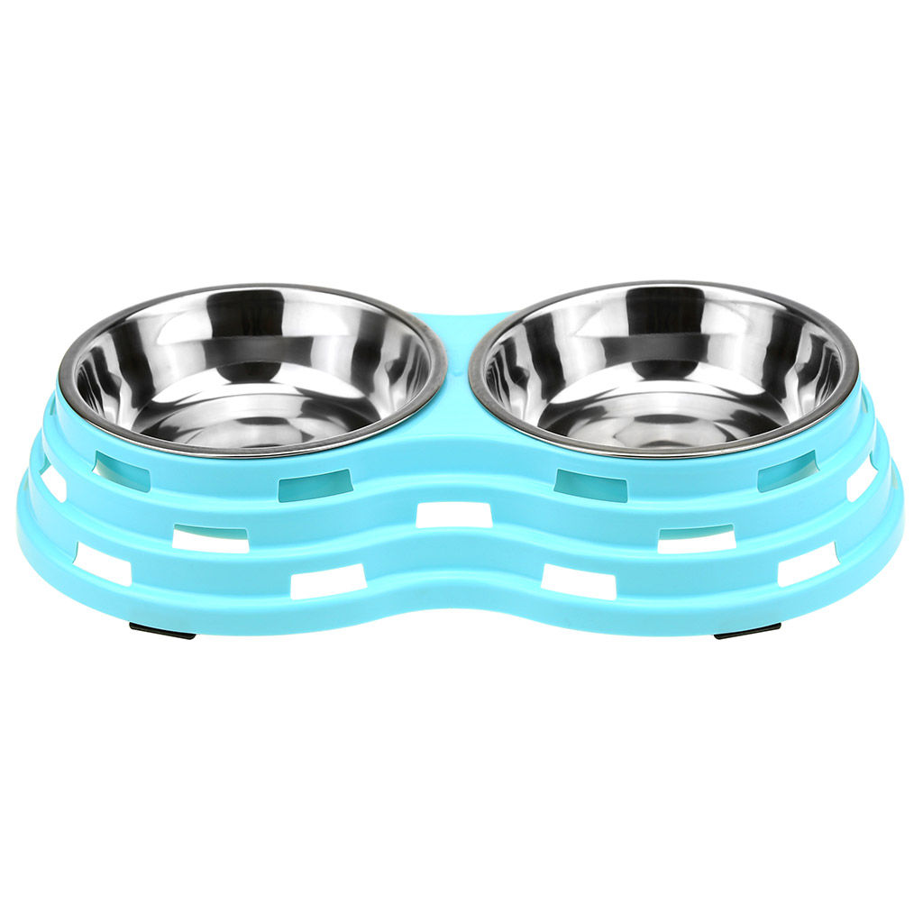 Миска для кормления животных из нержавеющей стали Обед 0,45л, д14см h4см, 2 штуки на пластмассовой подставке 33,5х18х6см, цвета микс (Китай) - Pet toys фото 5