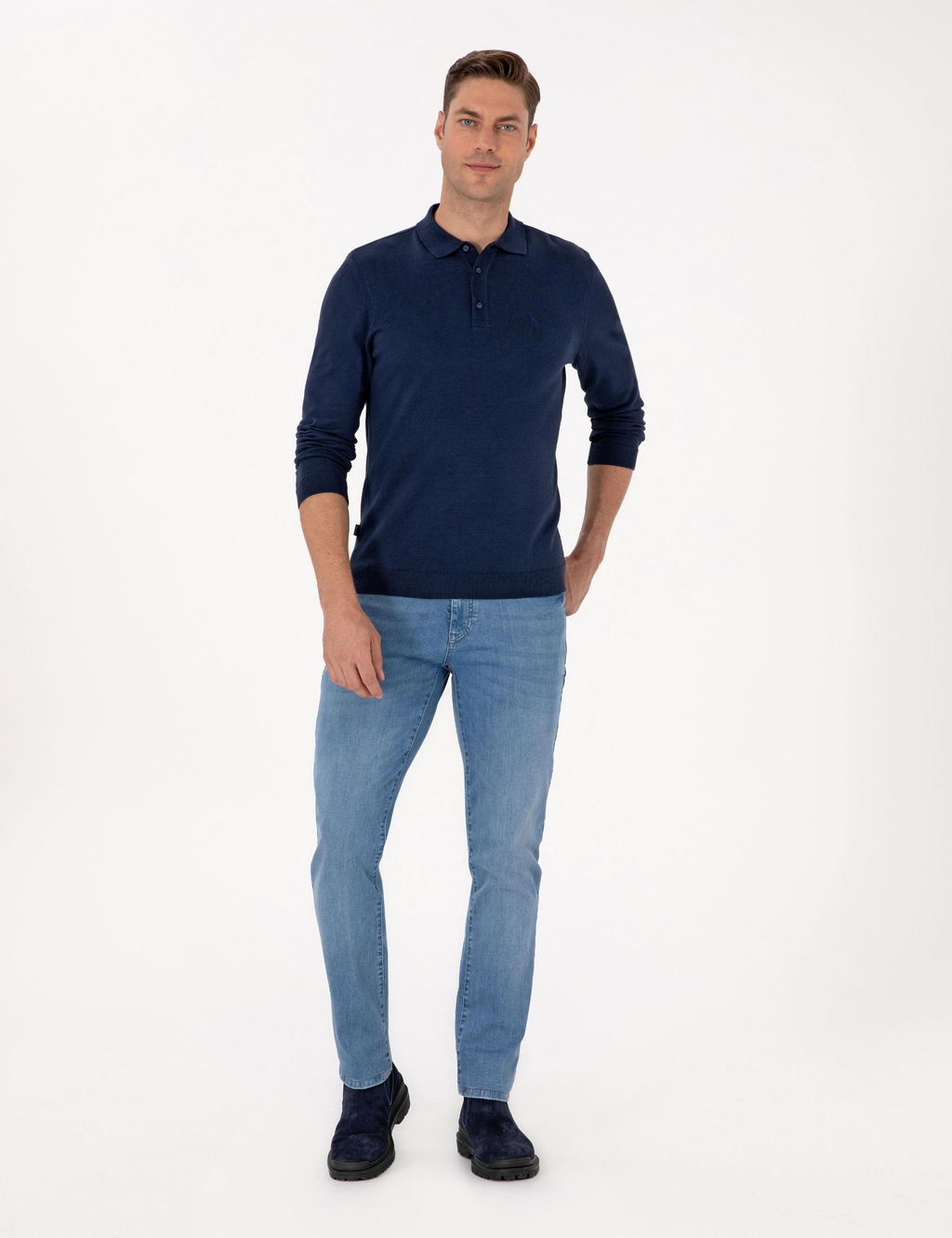 A__k Lacivert Slim Fit Polo Yaka Basic Triko Kazak