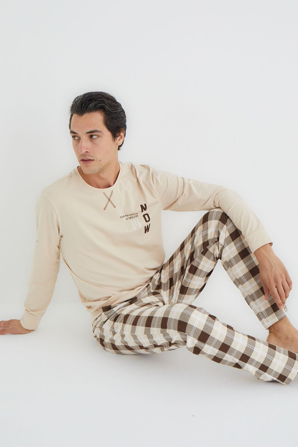 TRENDYOL MAN Bej Regular Fit Ekose Orme Pijama Tak?m? TMNAW25PT00058 - Trendyolmilla фото 4