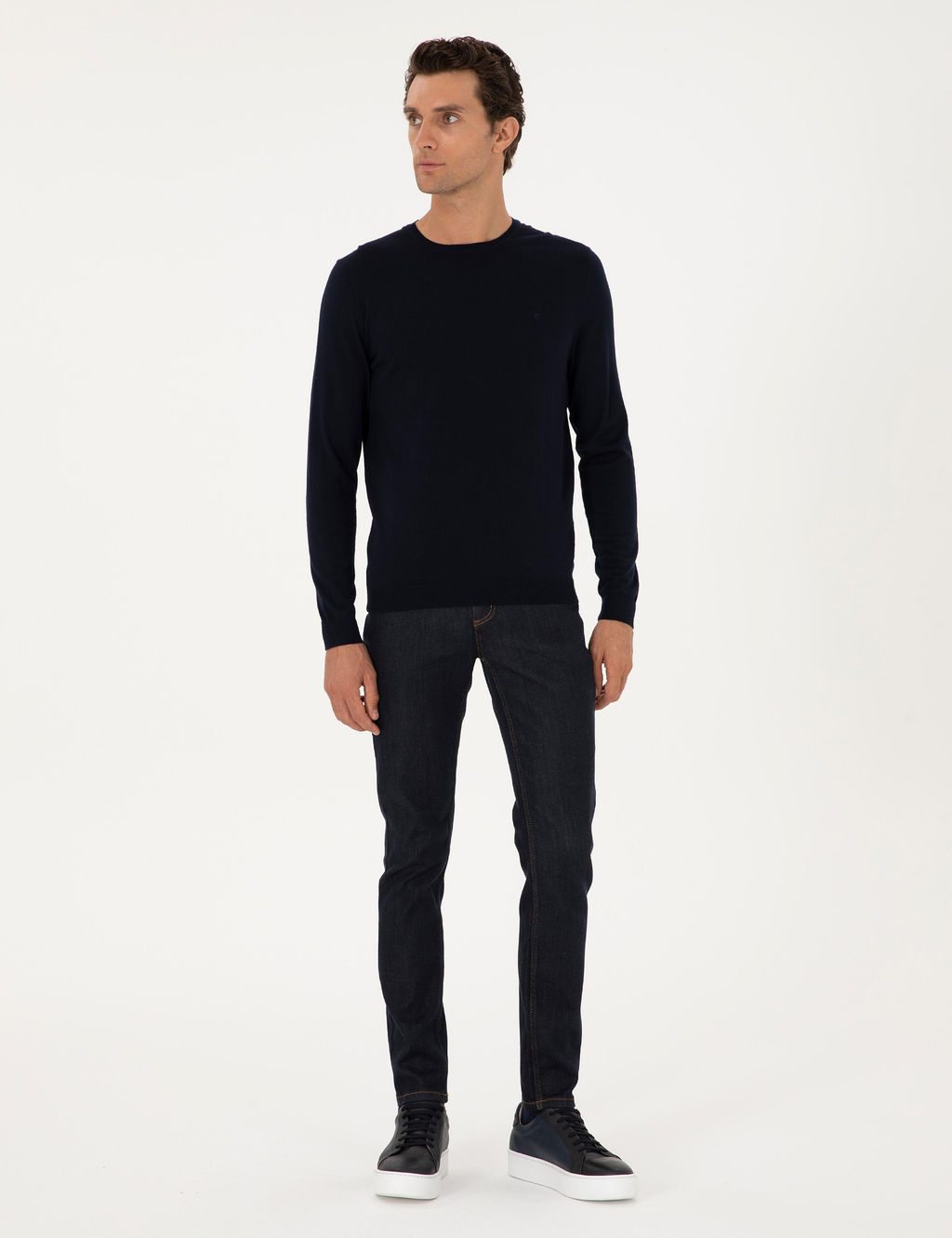 Lacivert Slim Fit Y_n Kar___ml_ Bisiklet Yaka Basic Triko Kazak