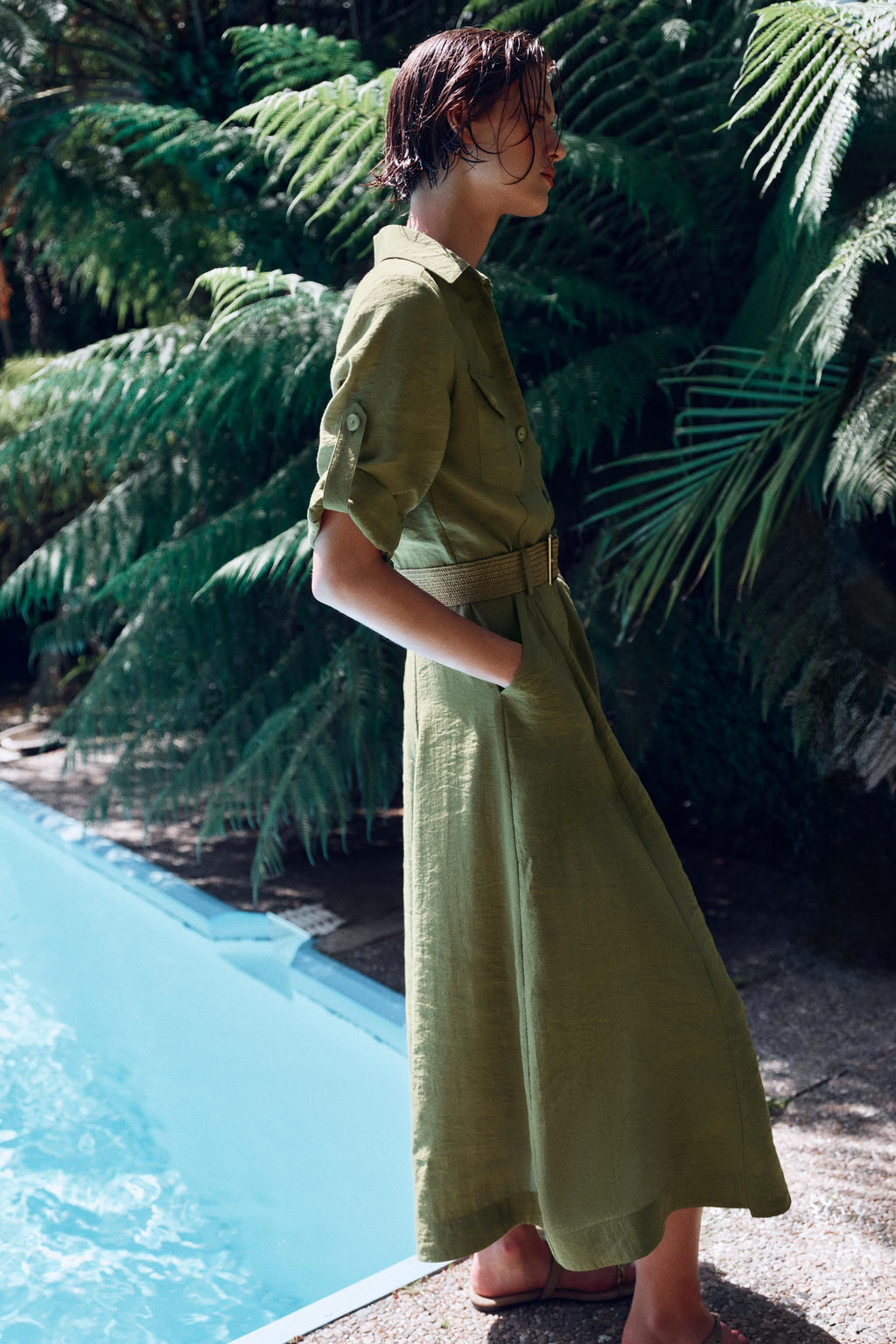 VESTIDO MIDI CAMISERO CINTUR?N / Khaki - Zara фото 2