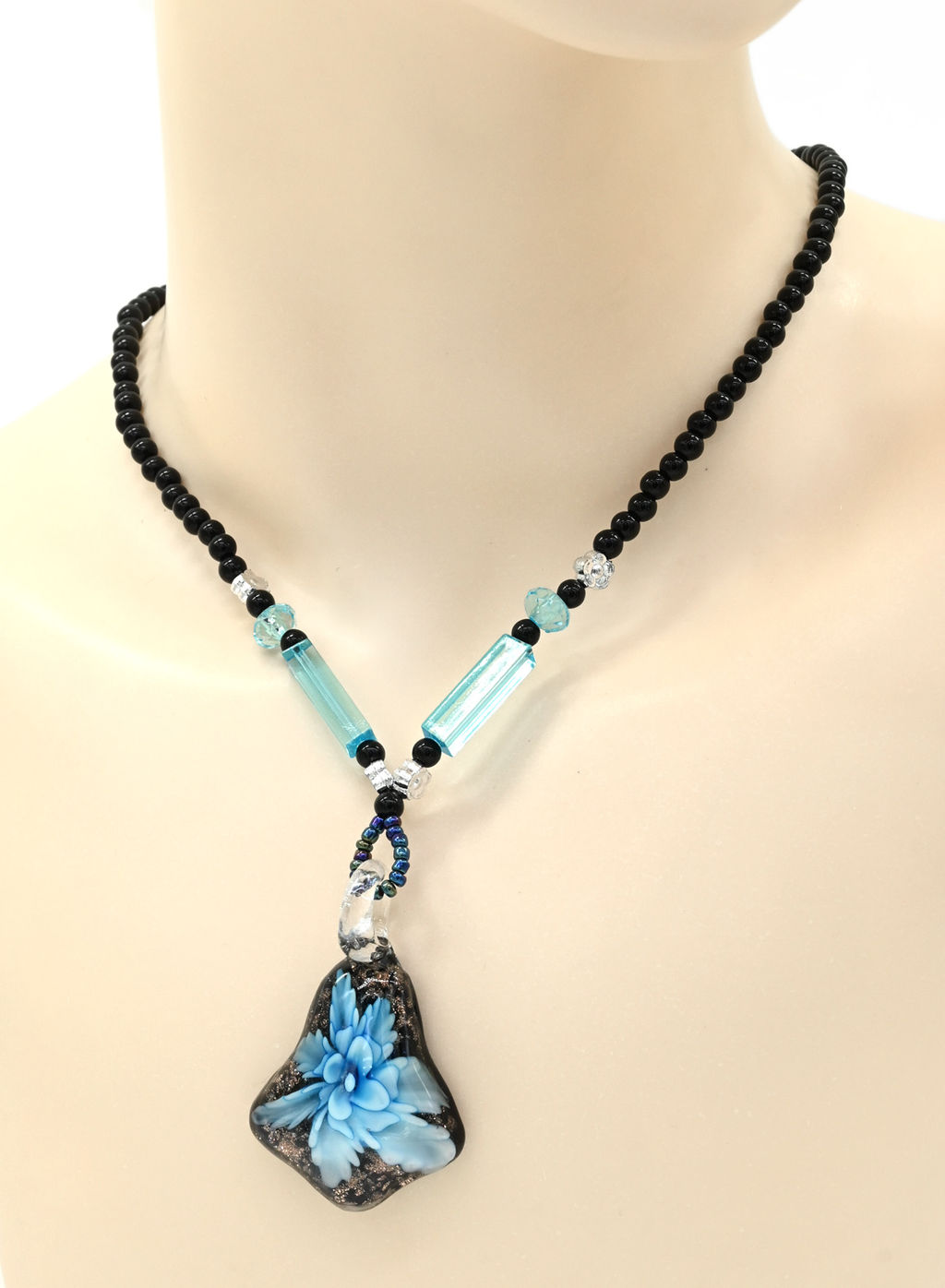 Подвеска из муранского стекла форма 32*52мм, цв.голубой, 46см