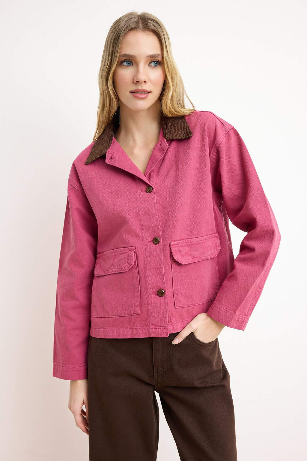 Pembe Fitilli Kadife Yaka Detayl? Denim Gomlek Ceket TWOAW26CE00004