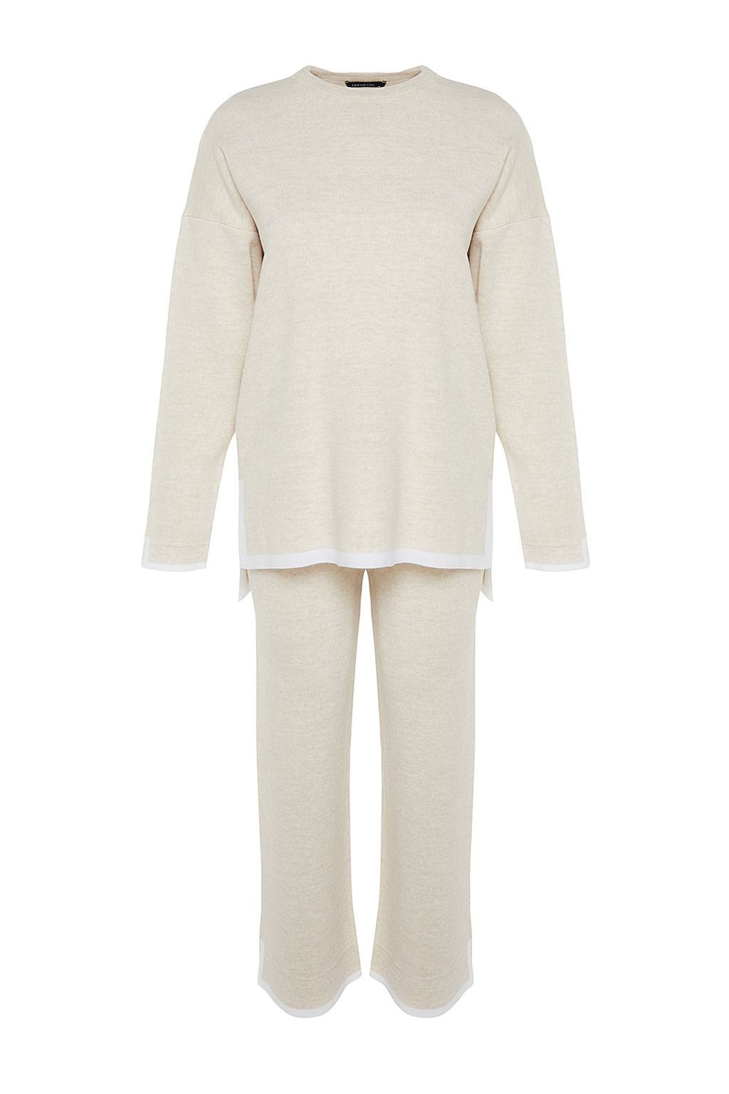 Bej Genis Kal?p Kontrast Renkli Triko Alt-Ust Tak?m TWOAW24AU00062