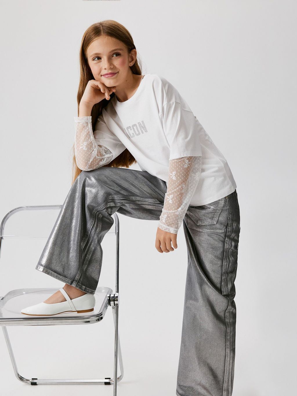 ACOOLA / Брюки джинсовые детские для девочек Poka серебряный  фото 4