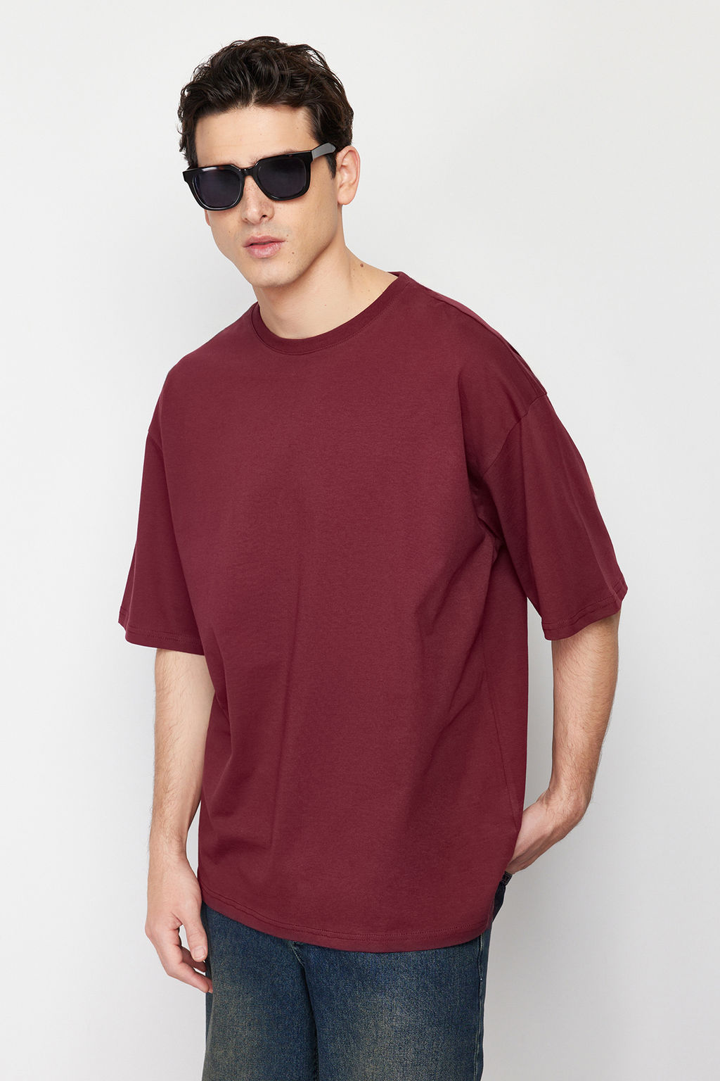 Bordo Oversize/Genis Kesim Basic %100 Pamuklu T-Shirt TMNSS22TS0318