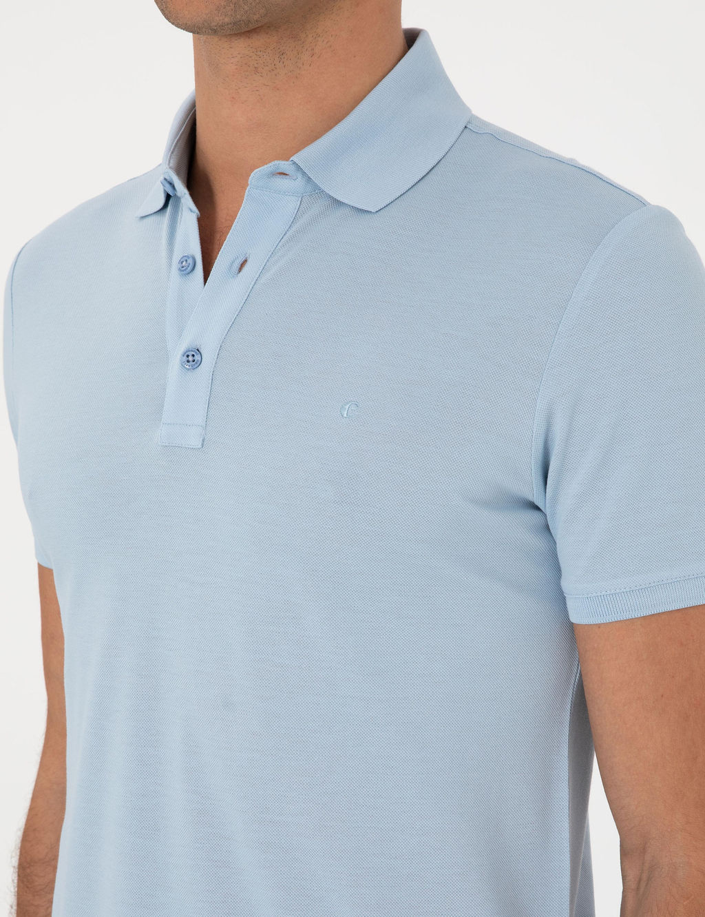 Buz Mavisi Slim Fit Polo Yaka Pamuklu Basic T-shirt
