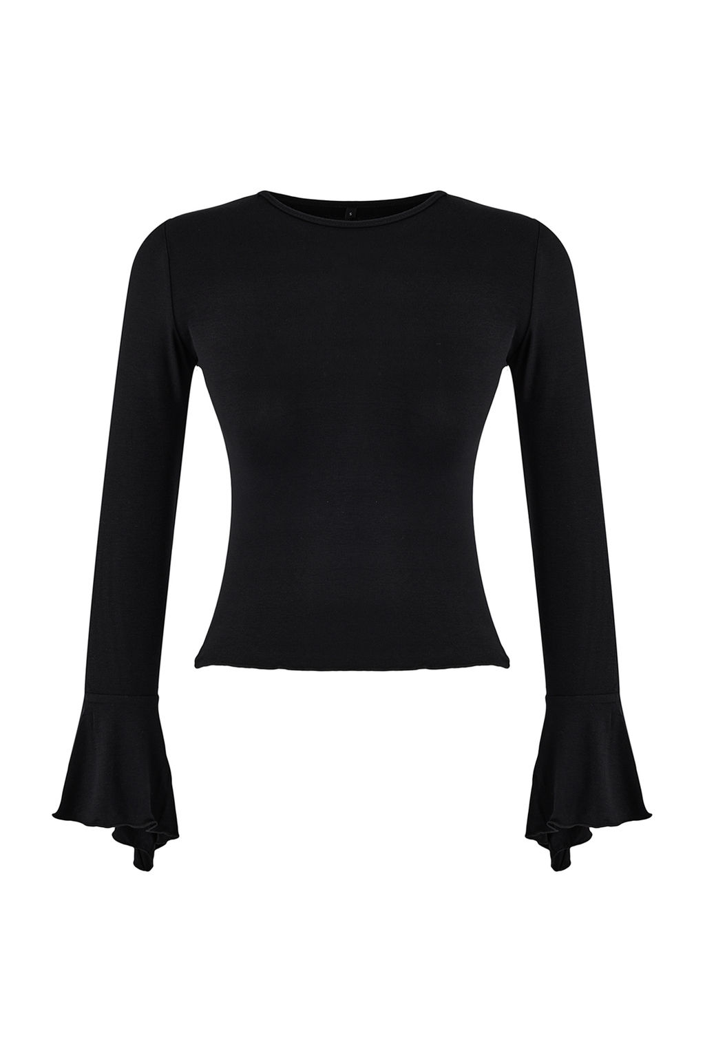 Siyah Fitted/Vucuda Oturan Uzun Kollu Volanl?/F?rf?rl? Yumusak Orme Bluz TWOSS26BZ00152