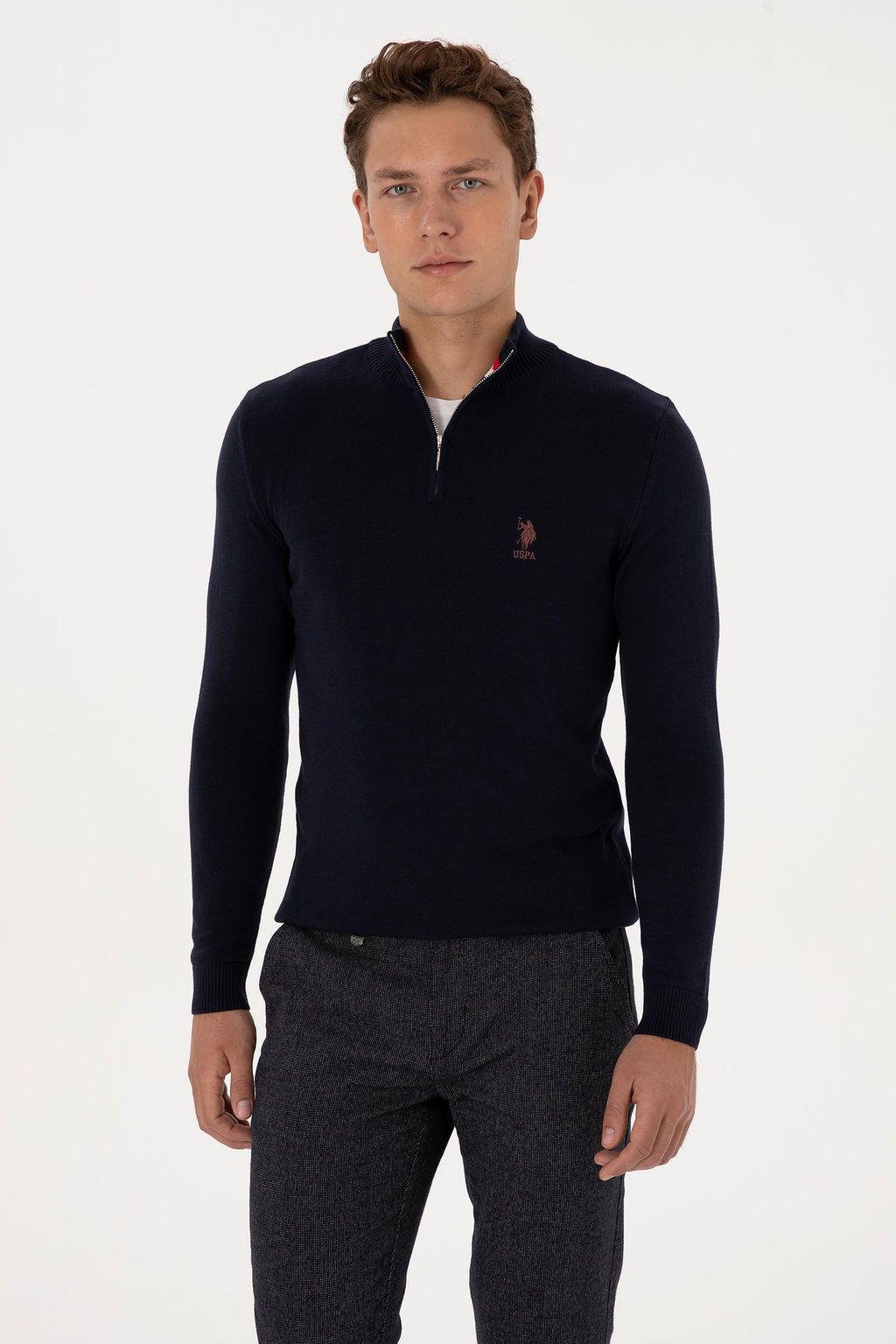 Erkek Slim Fit Yar_m Fermuarl_ Lacivert Kazak