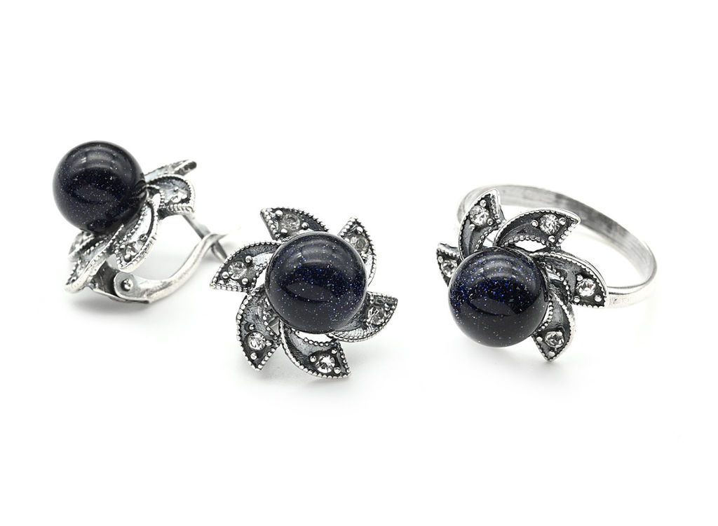 Кольцо Серьги авантюрин синий имитация размер 17