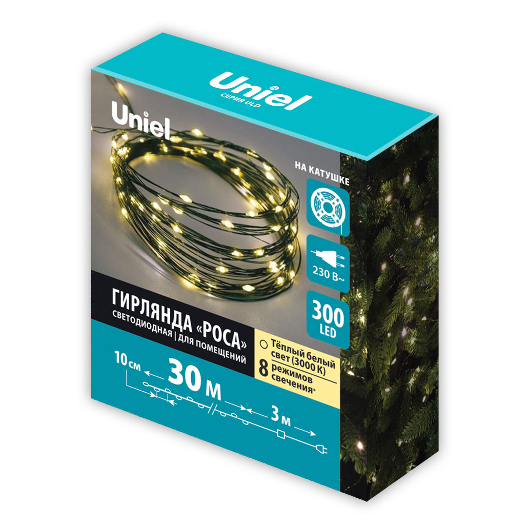 ULD-S3000-300/DGA WARM WHITE IP20 DEW Гирлянда светодиодная Роса, 30м. 300 светодиодов. Теплый белый свет. Провод зеленый. ТМ Uniel - Volpe фото 13