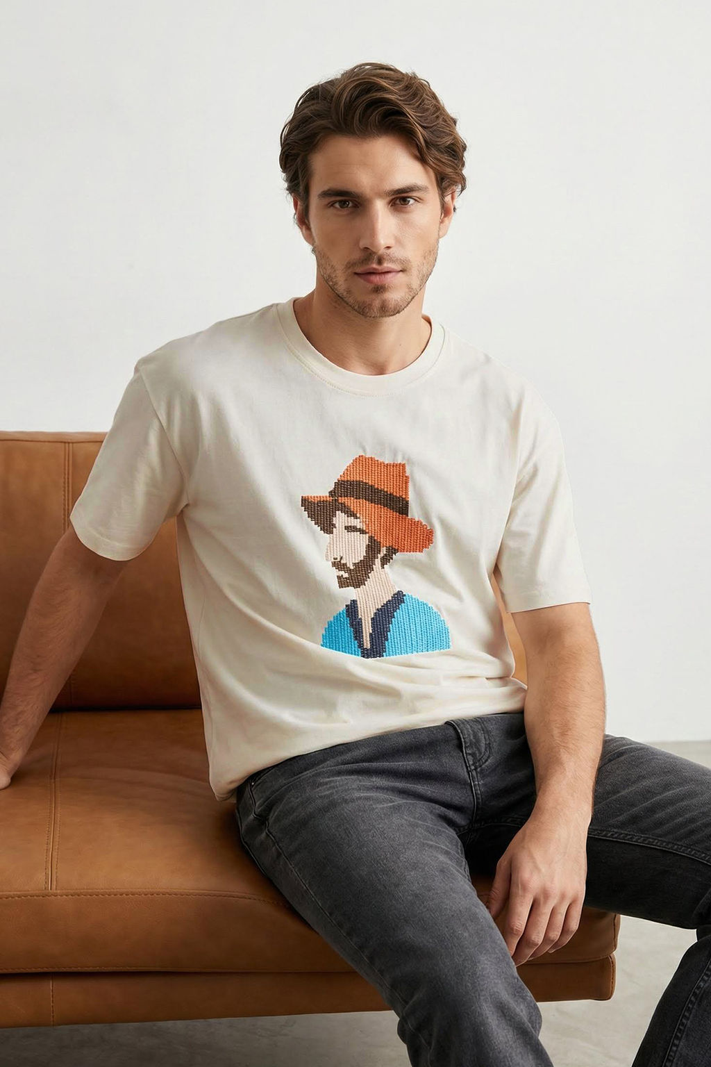 Trendyolmilla Man Ekru Oversize/Genis Kesim Nak?sl? Kal?n %100 Pamuk T-Shirt TMNSS25TS00011  фото 9