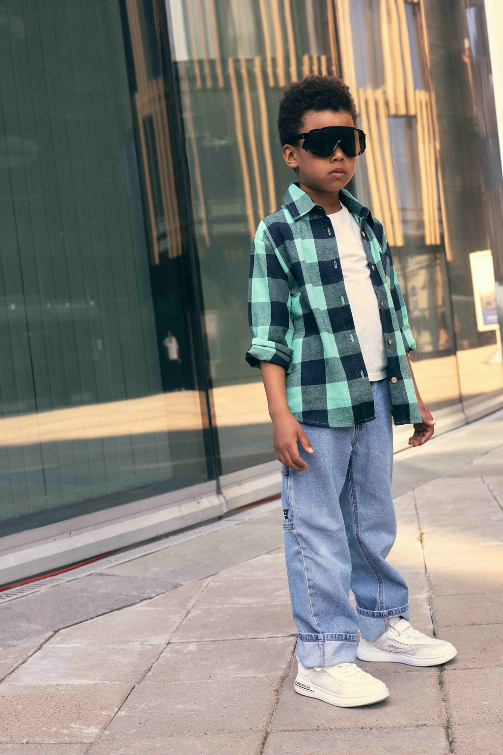 Детская рубашка в клетку с воротником бирюзовая Mini Hippy SAM 046 - Caimano фото 7