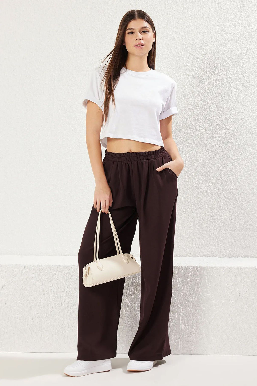 Kahverengi Beli Lastikli Pull On Wide Leg/Genis Paca Dokuma Pantolon TWOSS25PL00041 - Trendyolmilla фото 2
