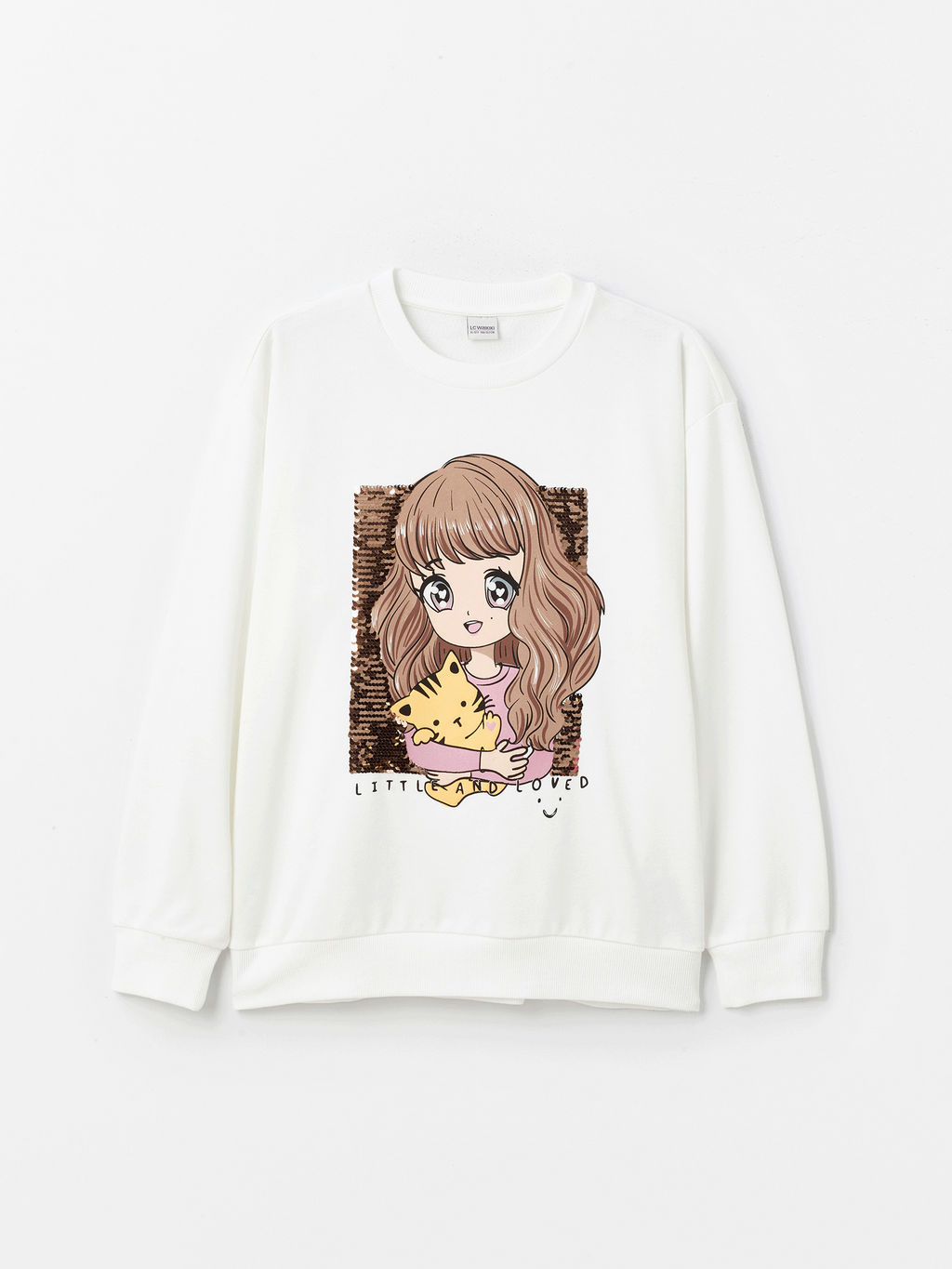 Bisiklet Yaka Bask?l? ?ift Y?nl? Payetli Uzun Kollu K?z ?ocuk Sweatshirt