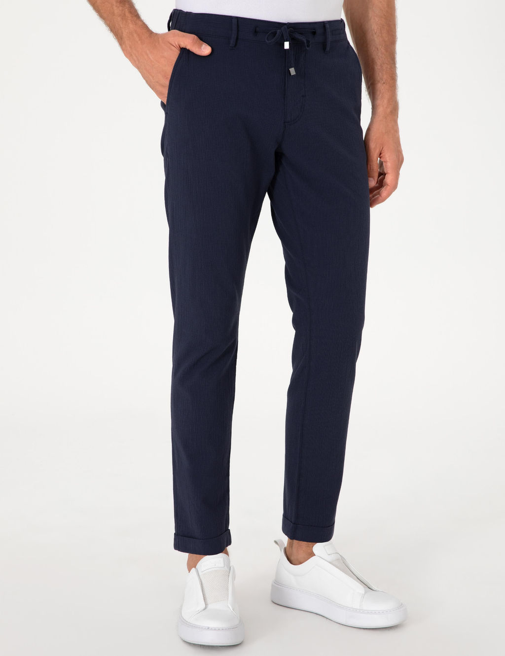 Koyu Lacivert Slim Fit Gofreli Beli Ba_c_kl_ Spor Pantolon