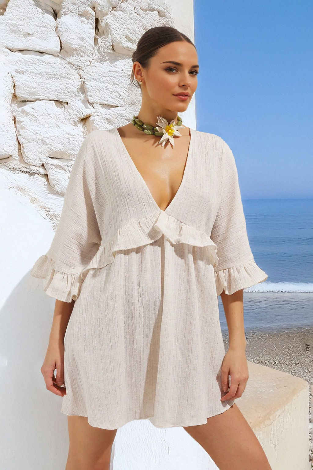 TRENDYOLMILLA Bej Mini Dokuma F?rf?rl? Plaj Elbisesi TBESS25EL00091