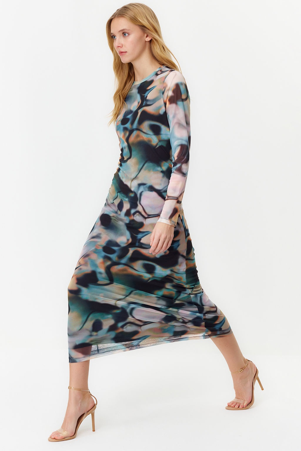 Mavi S?rt Dekolteli Uzun Kol Bask?l? Tul Esnek Orme Kalem Elbise TWOSS24EL00115 - Trendyolmilla фото 4