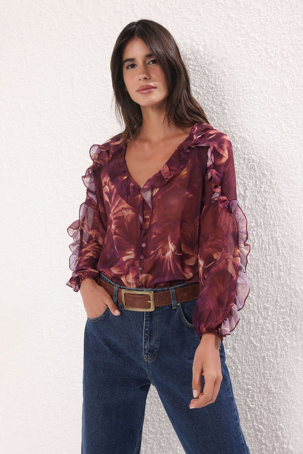 Murdum Sifon Transparan Cicekli F?rf?rl? Dokuma Gomlek TWOSS25GO00063