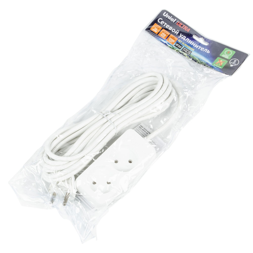 S-CU2-5 WHITE Удлинитель серии Ultra, шнур 5м., 2 гнезда, 10A, б/з. Белый. TM Uniel