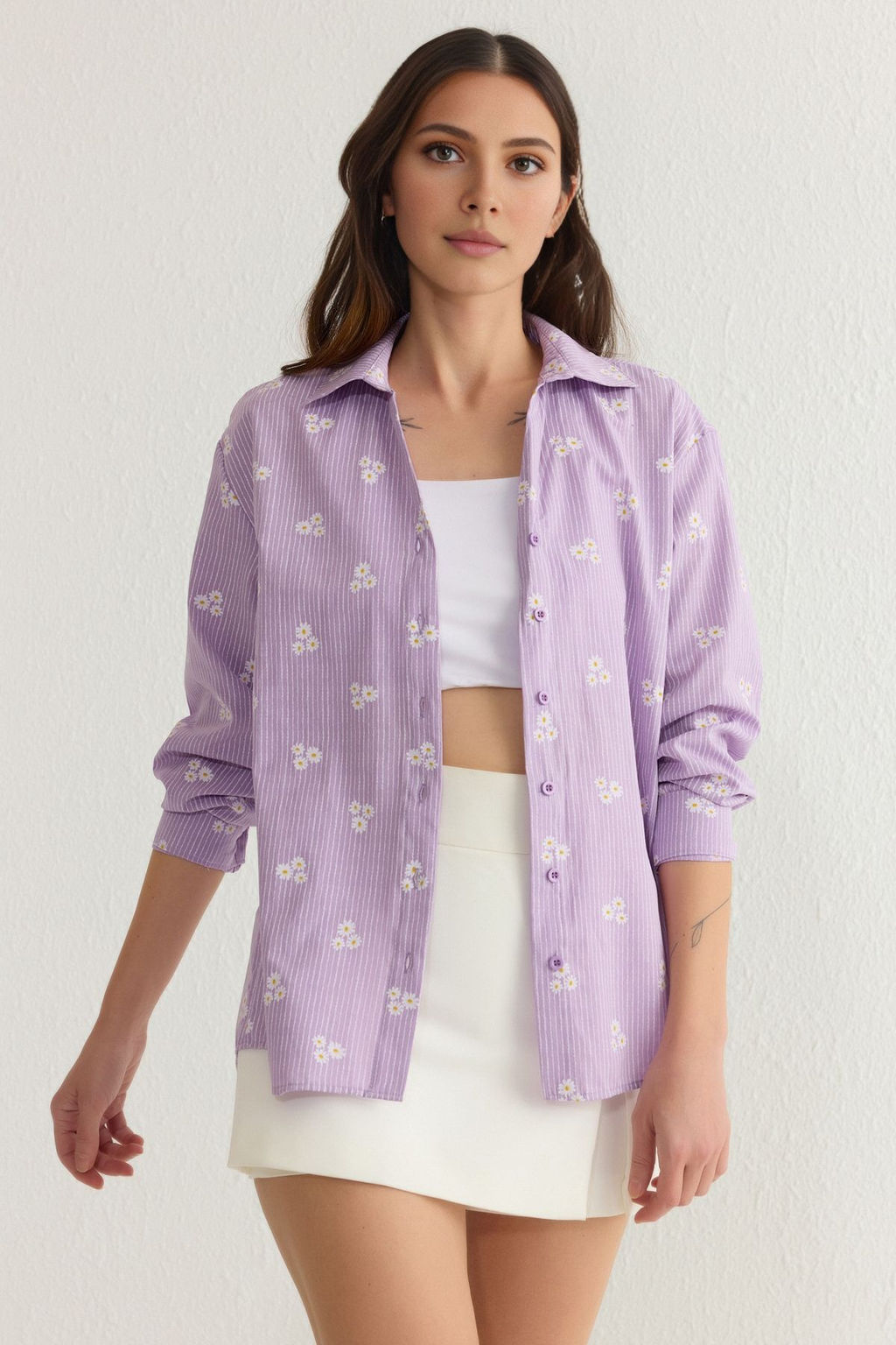 TRENDYOLMILLA Mavi Cizgili Cicek Desenli Pamuklu Oversize Genis Kal?pl Dokuma Gomlek TWOSS23GO00373  фото 15