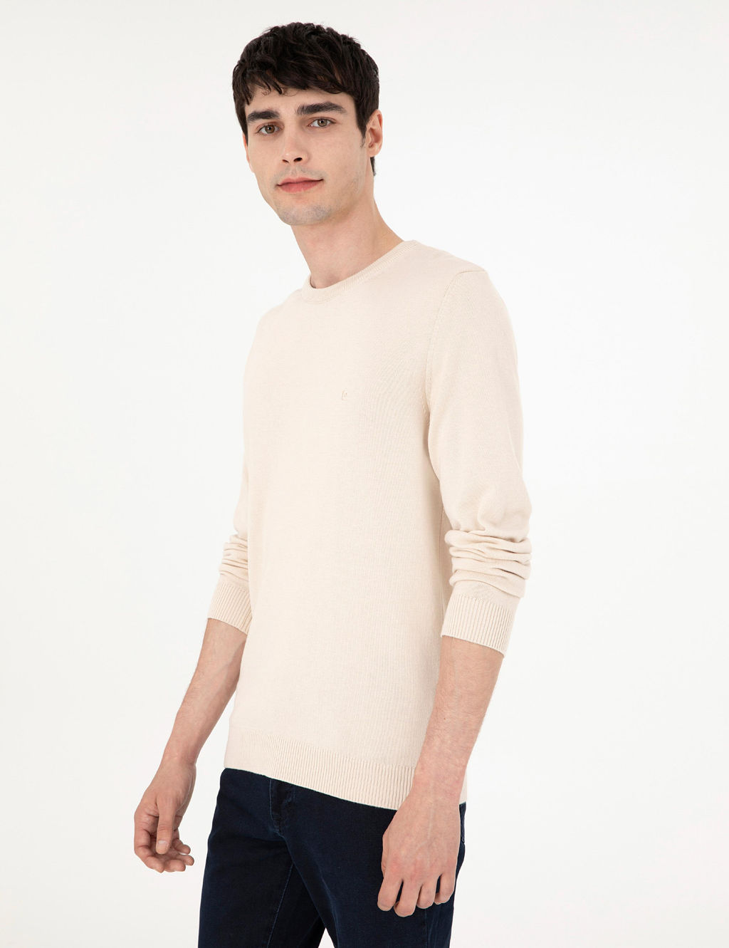 Bej Slim Fit Bisiklet Yaka Basic Triko Kazak - Pierre cardin фото 3