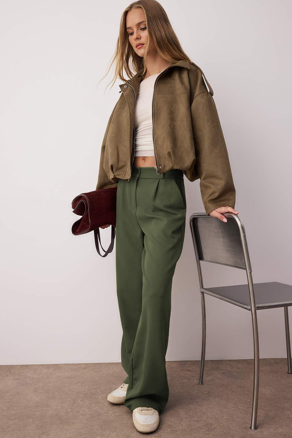 Ac?k Haki Yuksek Bel Wide Leg/Genis Paca Pilili Dokuma Kumas Pantolon TWOAW21PL0076