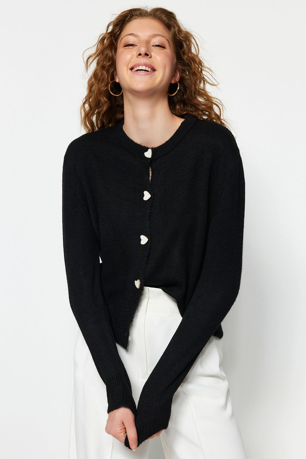 Siyah Yumusak Dokulu Mucevher Dugmeli Ceket Gorunumlu Triko H?rka TWOAW22HI0044