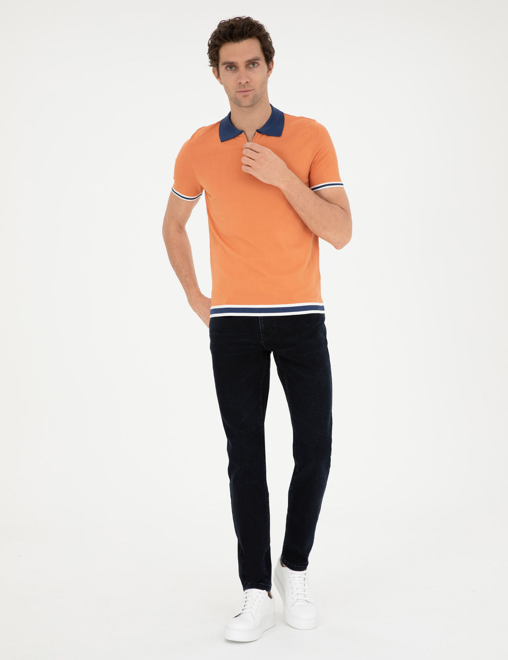 Turuncu Slim Fit Fermuarl_ Polo Yaka Triko T-shirt