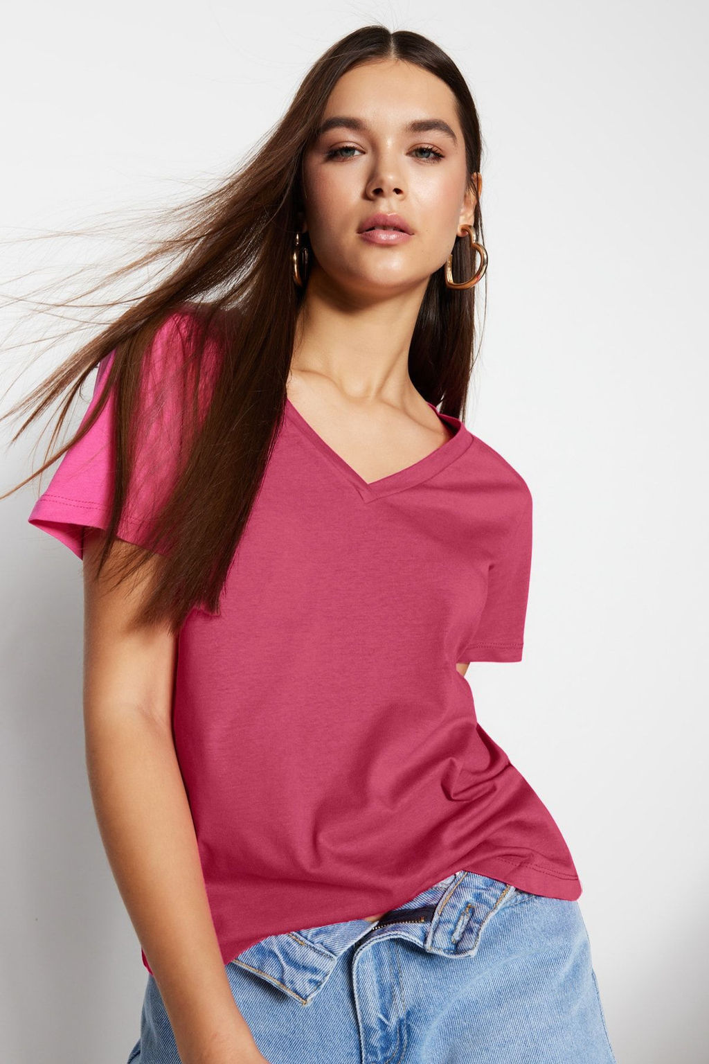 Pembe %100 Pamuk Basic V Yaka Orme T-Shirt TWOSS23TS00001