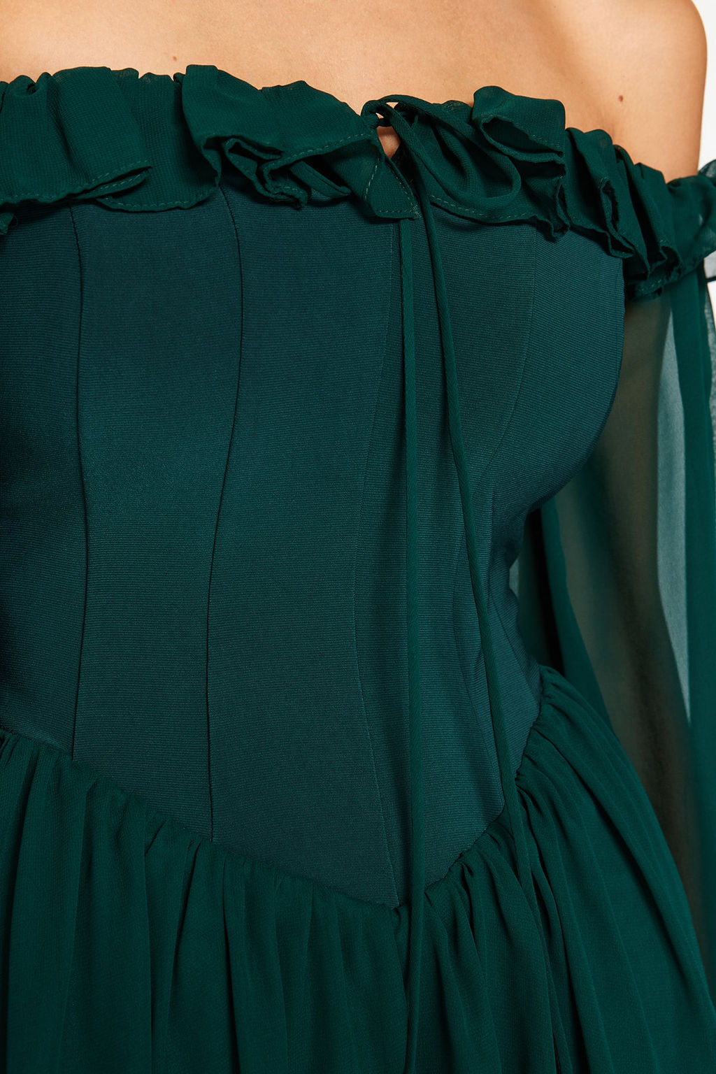 TRENDYOLMILLA Bridal Ekru A-Kesim Astarl? Volanl? Dokuma Sifon K?sa Dugun/Nikah S?k Abiye Elbise TPRSS23EL00096 фото 36