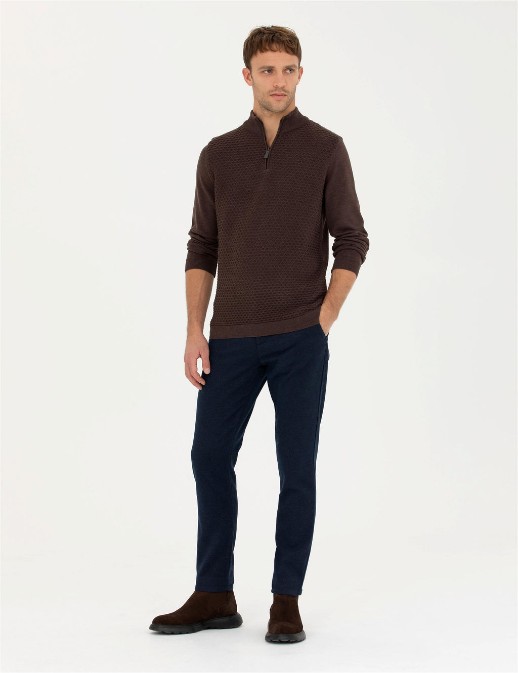 Kahverengi Slim Fit Fermuarl_ Dik Yaka Triko Kazak - Pierre cardin фото 4