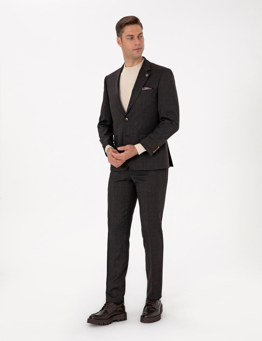 Kahverengi Slim Fit Y_n Kar___ml_ Ekose Tak_m Elbise