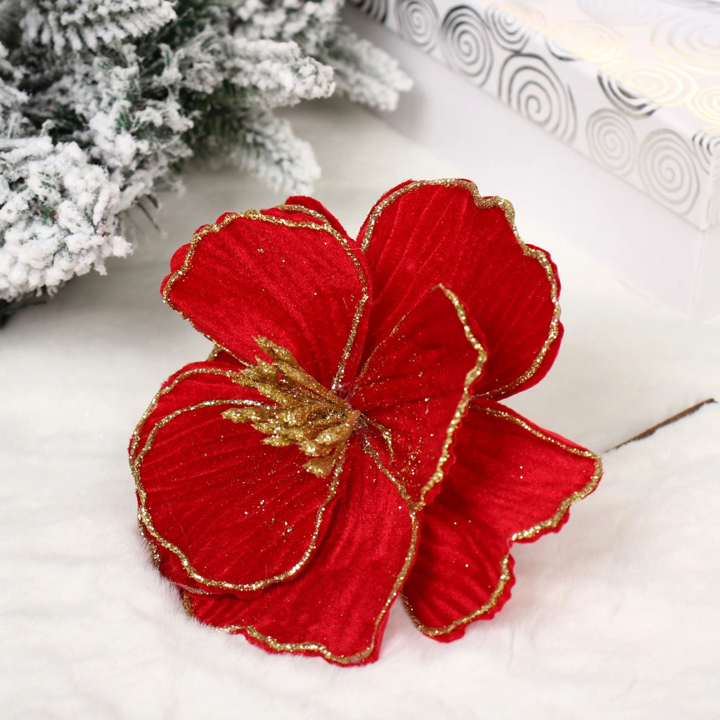 Цена за 2шт. Украшение новогоднее "Пуансеттия - Изящная" 16 см, Красный/Золото