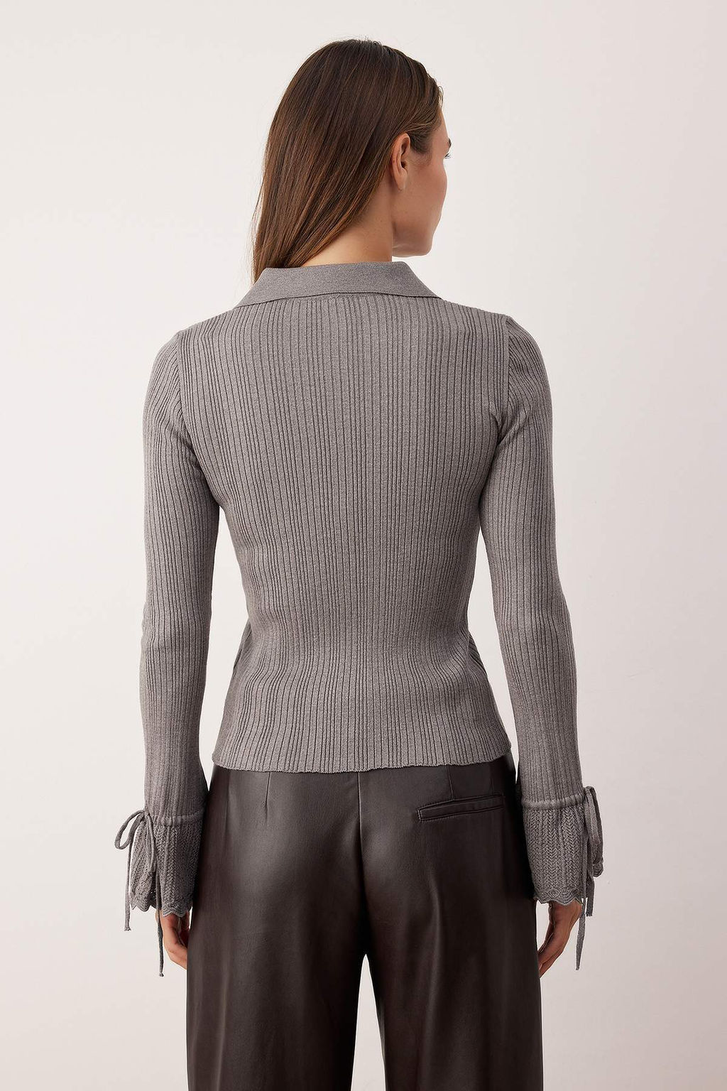 Gri Merserize Gorunumlu Fitilli Polo Yaka Triko H?rka TWOAW26HI00111