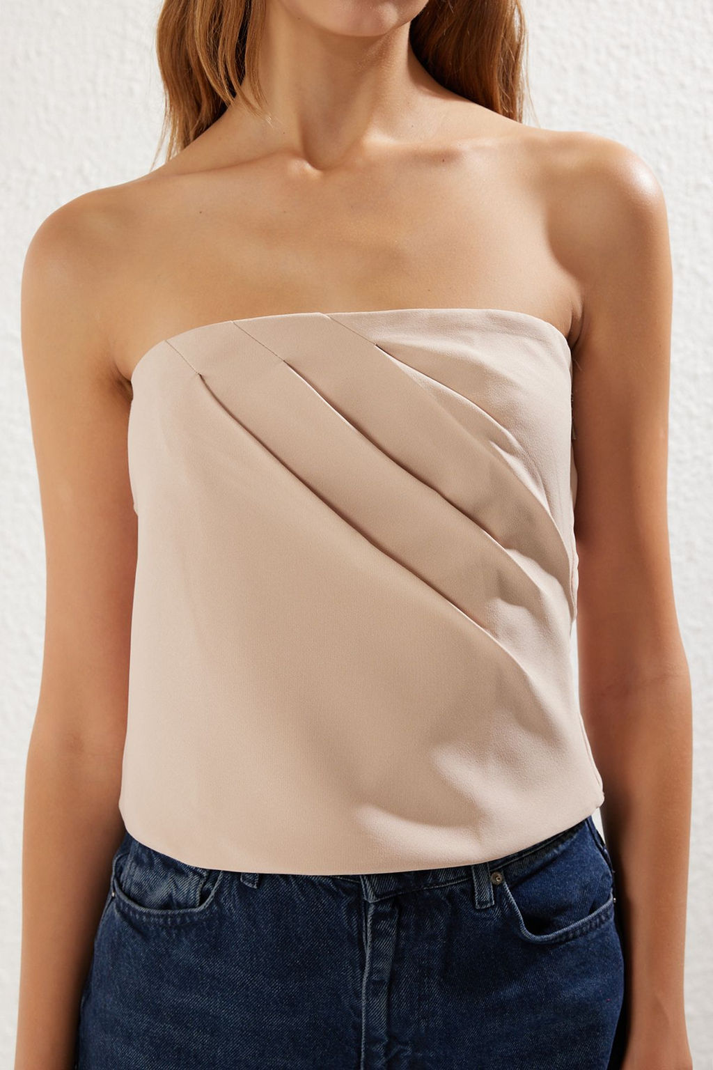 Trendyolmilla Bej Drapeli Straplez Dokuma Bluz TWOSS25BZ00103  фото 3