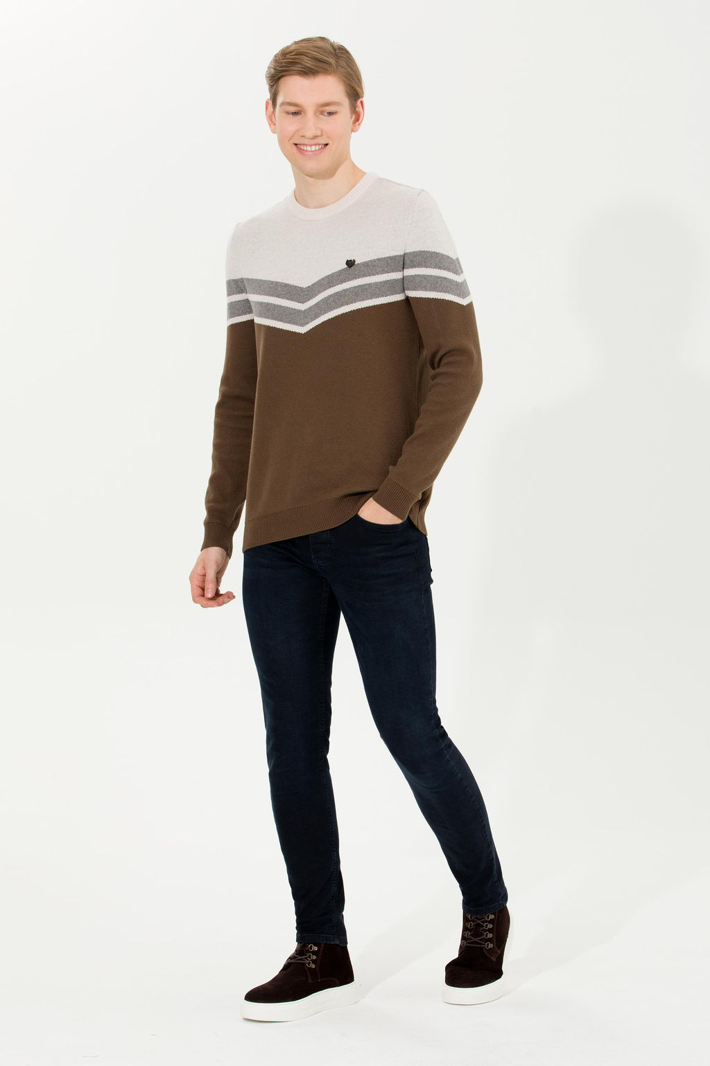 U. S. Polo Assn Мужской вязаный свитер кокосового цвета с круглым вырезом - U.s. polo assn фото 3