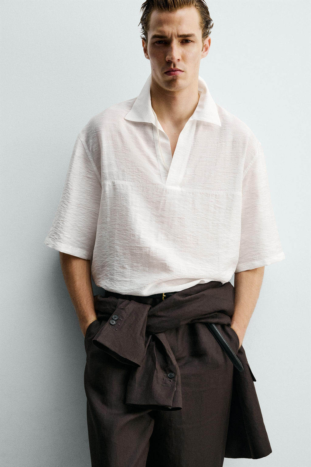 CAMISA POLO FLUIDO JACQUARD / Blanco - Zara фото 5