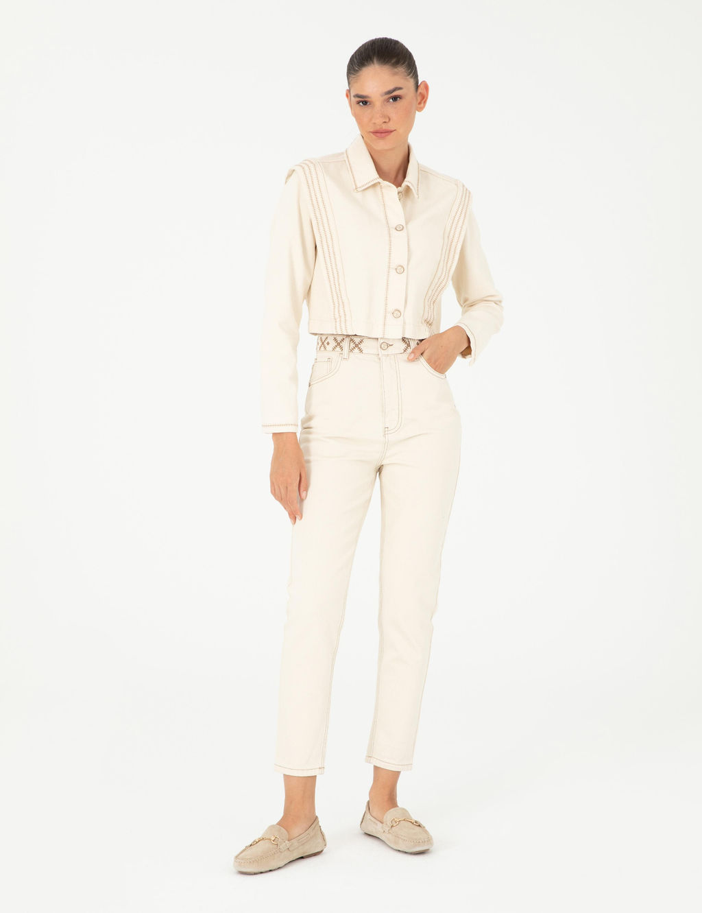 Ekru Mom High Waist Fit Jean Pantolon