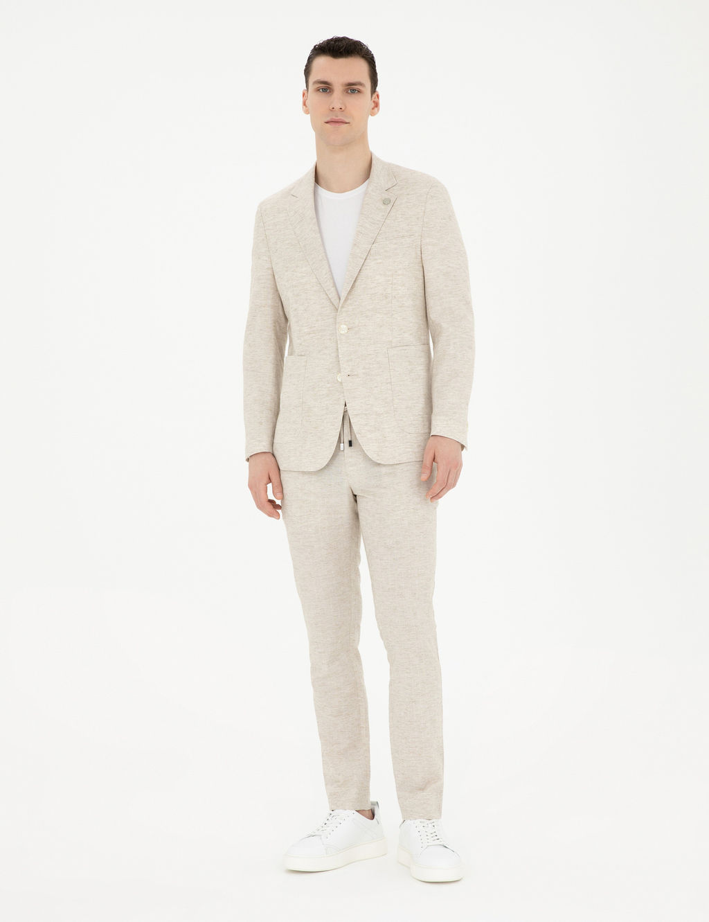 Bej Slim Fit Keten Kar___ml_ _izgili Tak_m Elbise