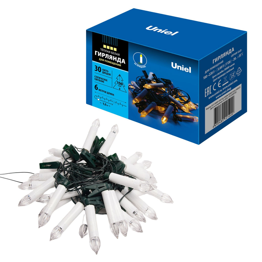 ULD-S0600-030/SGA WARM WHITE IP20 CANDLES Гирлянда светодиодная Свечки, 6м. 30 светодиодов. Теплый белый свет. Постоянное свечение. Провод зеленый. ТМ Uniel - Volpe фото 7