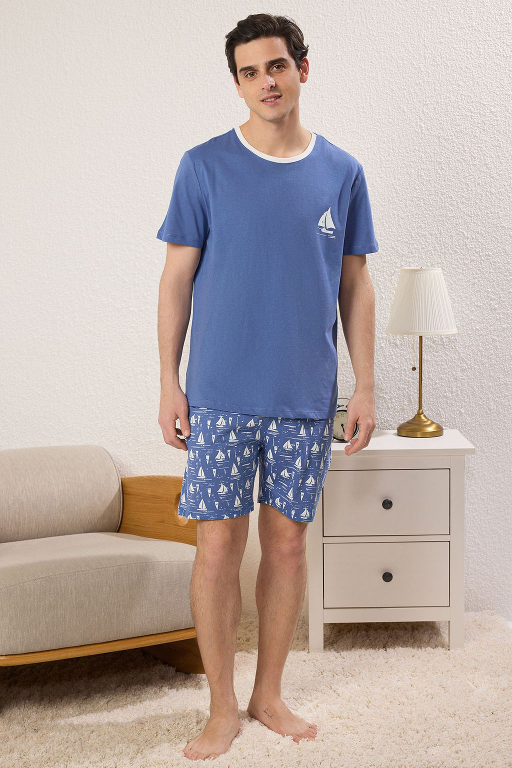 Trendyolmilla Man Mavi Slim Fit Bask?l? Orme Sortlu Pijama Tak?m? TMNSS25PT00031  фото 2