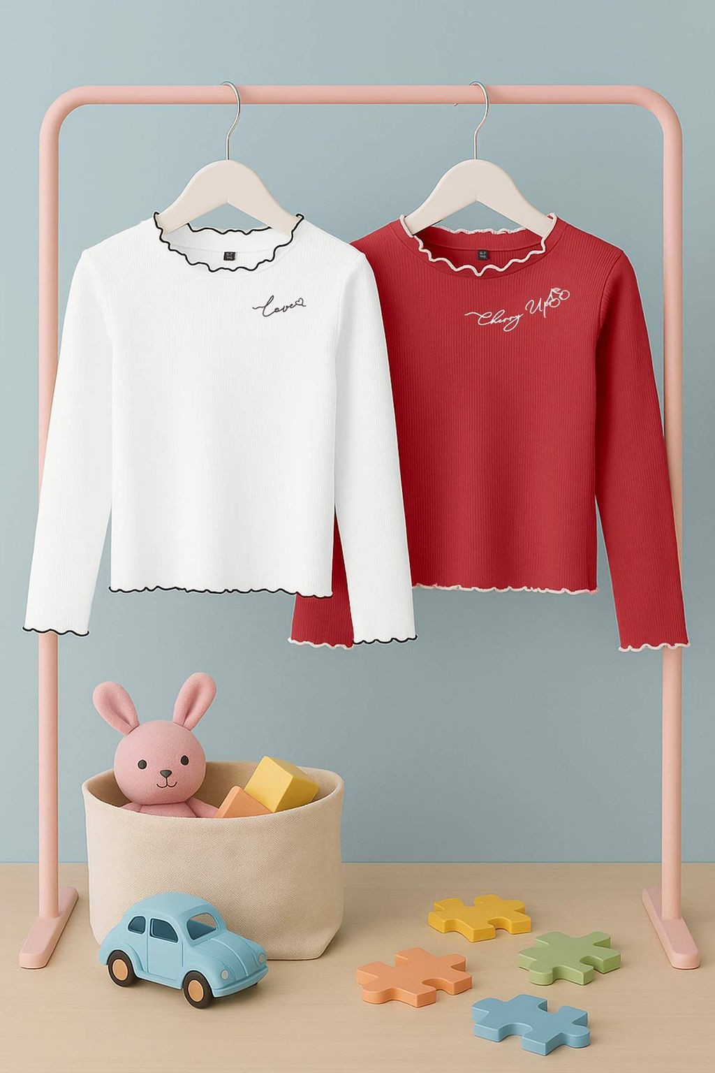 Ekru-Visne K?rm?z? 100% Pamuk 2li Nak?sl? Regular Fitilli Orme K?z Cocuk T-Shirt TKDAW26TS00011 - Trendyolmilla фото 2