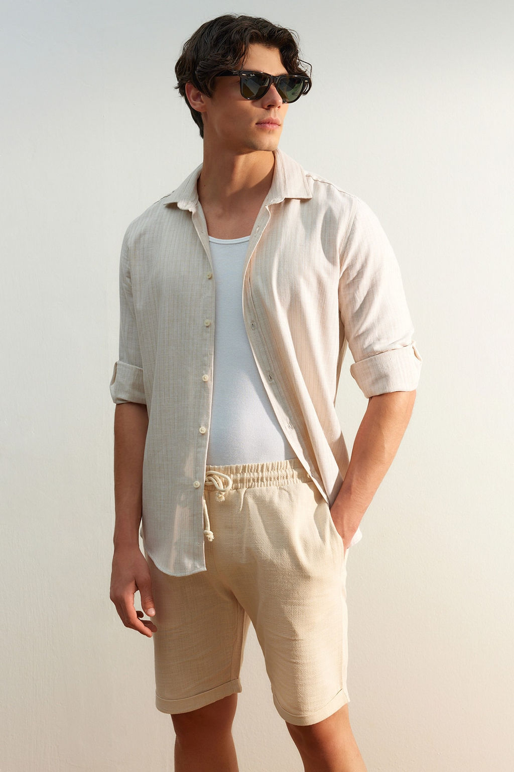 TRENDYOL MAN Ekru Regular Fit Keten Gorunumlu Sort TMNSS23SR00030 - Trendyolmilla фото 40