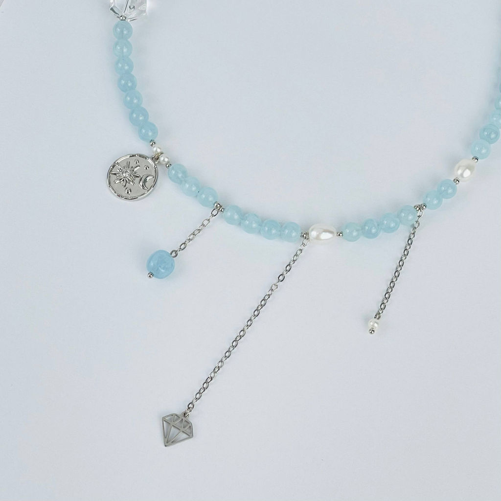 Колье из Аквамарина, Жемчуга и Горного Хрусталя 38 см +