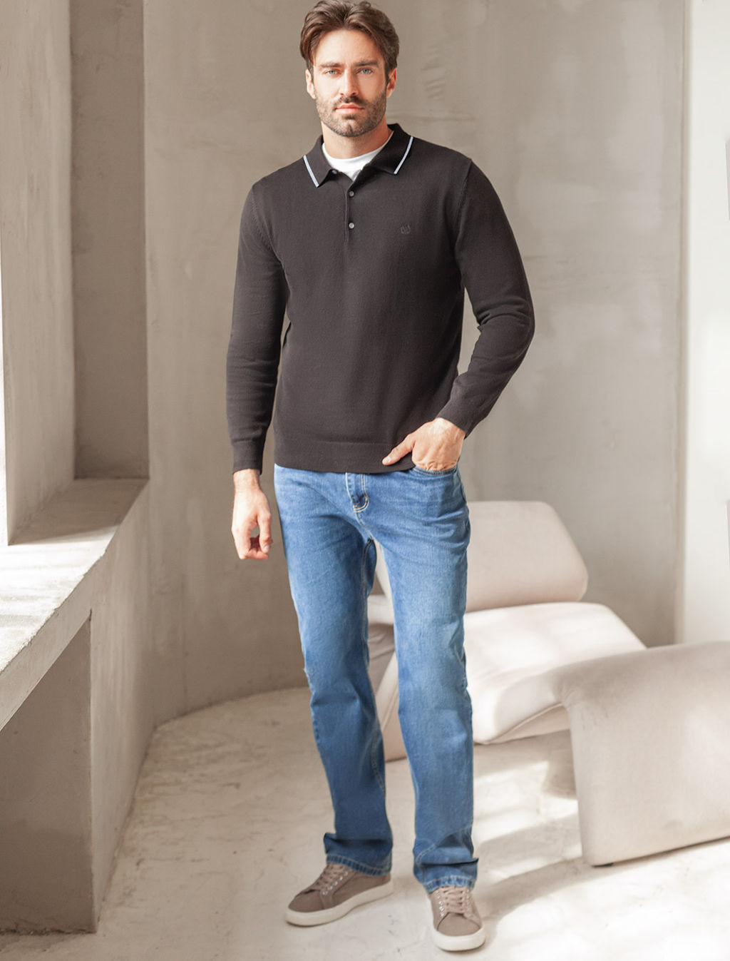 Джемпер-поло Vilatte из хлопка с нейлоном черный  фото 5